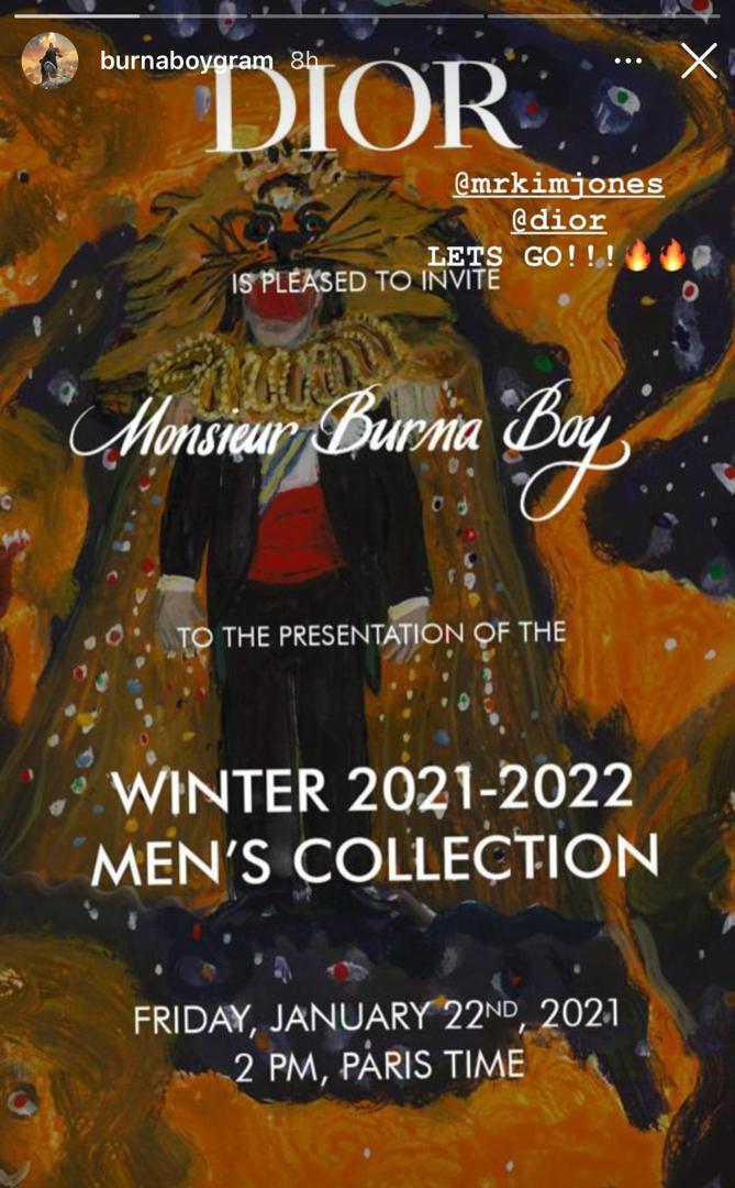 Burna Boy Gets Special Invitation To International Designer ‘dior’ Fashion Show