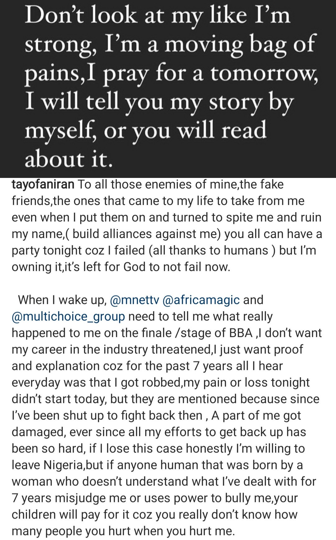 "I got robbed" Tayo Faniran demands answers from the organisers of Big Brother Africa as he insinuates he was cheated out of winning the reality show