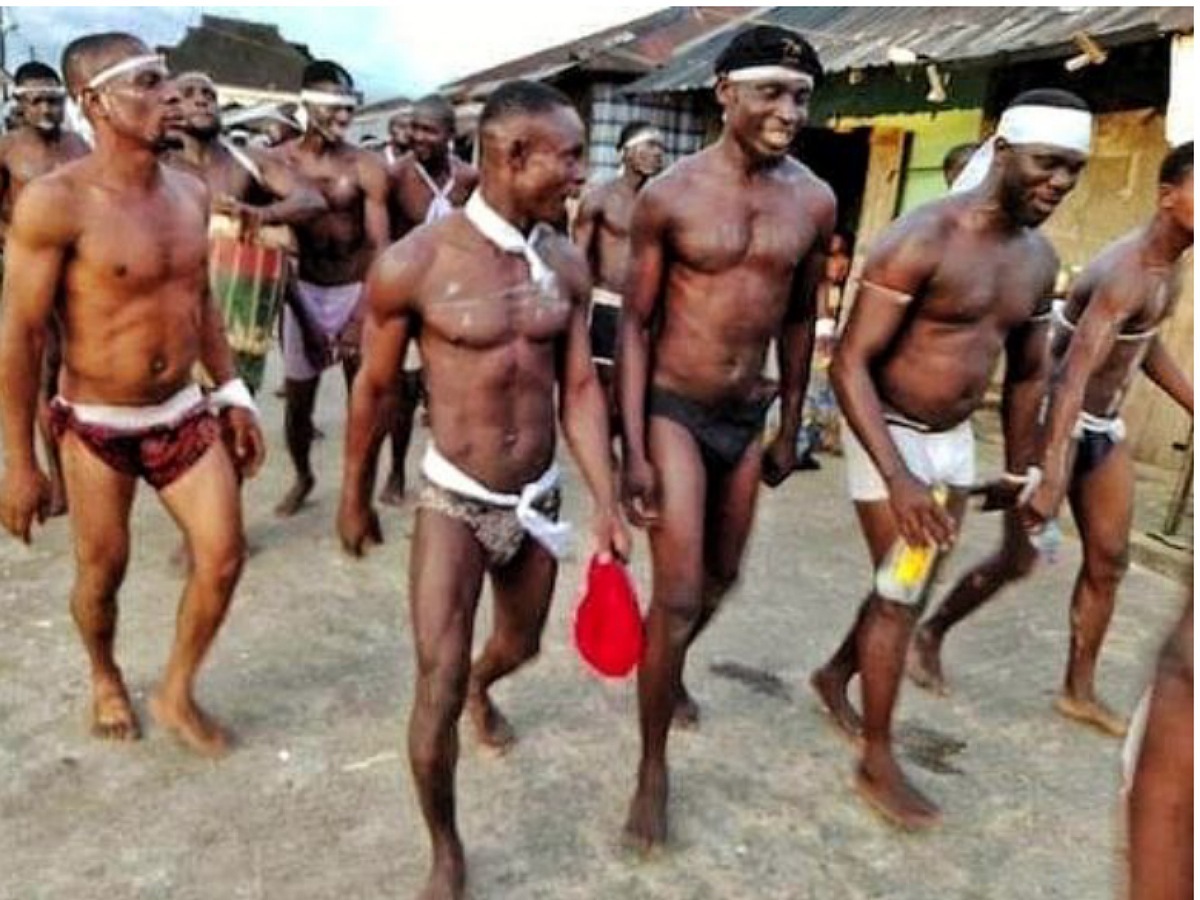 Bayelsa youths step out in warrior regalia as they protest against oil firm over alleged neglect of their community